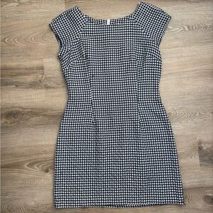 🎁 VINTAGE 90s Rampage Navy White Fitted Bodycon Boatneck Houndstooth Mini Dress